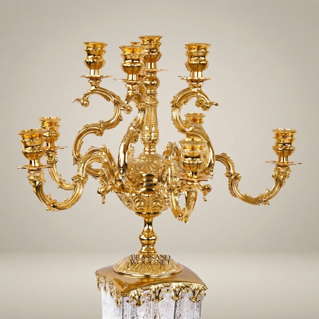 Baroque Brass & Crystal 7-Arm Candelabra with Engraved Crystal Column and Rococo Scroll Arms — Gold