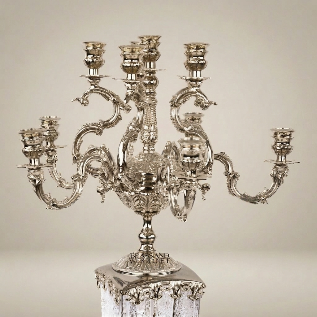 Baroque Brass & Crystal 7-Arm Candelabra with Engraved Crystal Column and Rococo Scroll Arms — Silver
