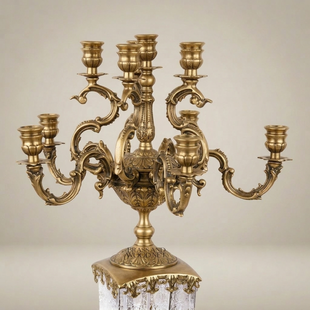 Baroque Brass & Crystal 7-Arm Candelabra with Engraved Crystal Column and Rococo Scroll Arms — Antique Gold