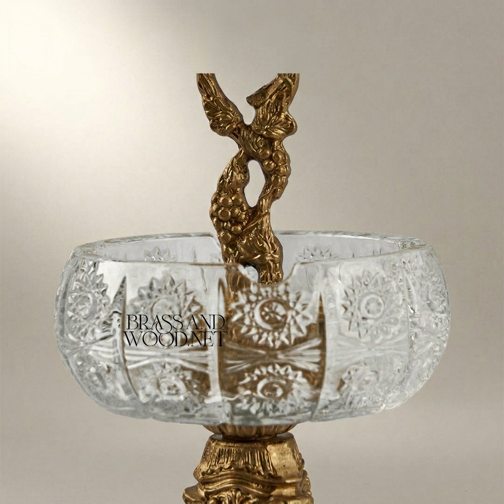 Baroque Brass & Crystal Ashtray with Trifoil Scrolled Stand and Swan-Neck Handle — Antique Gold