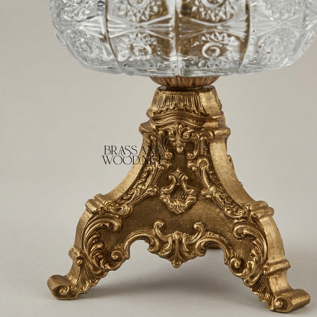 Baroque Brass & Crystal Ashtray with Trifoil Scrolled Stand and Swan-Neck Handle — Antique Gold