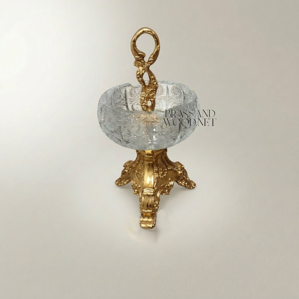 Baroque Brass & Crystal Ashtray with Trifoil Scrolled Stand and Swan-Neck Handle — Gold