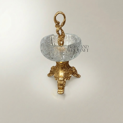 Baroque Brass & Crystal Ashtray with Trifoil Scrolled Stand and Swan-Neck Handle — Gold