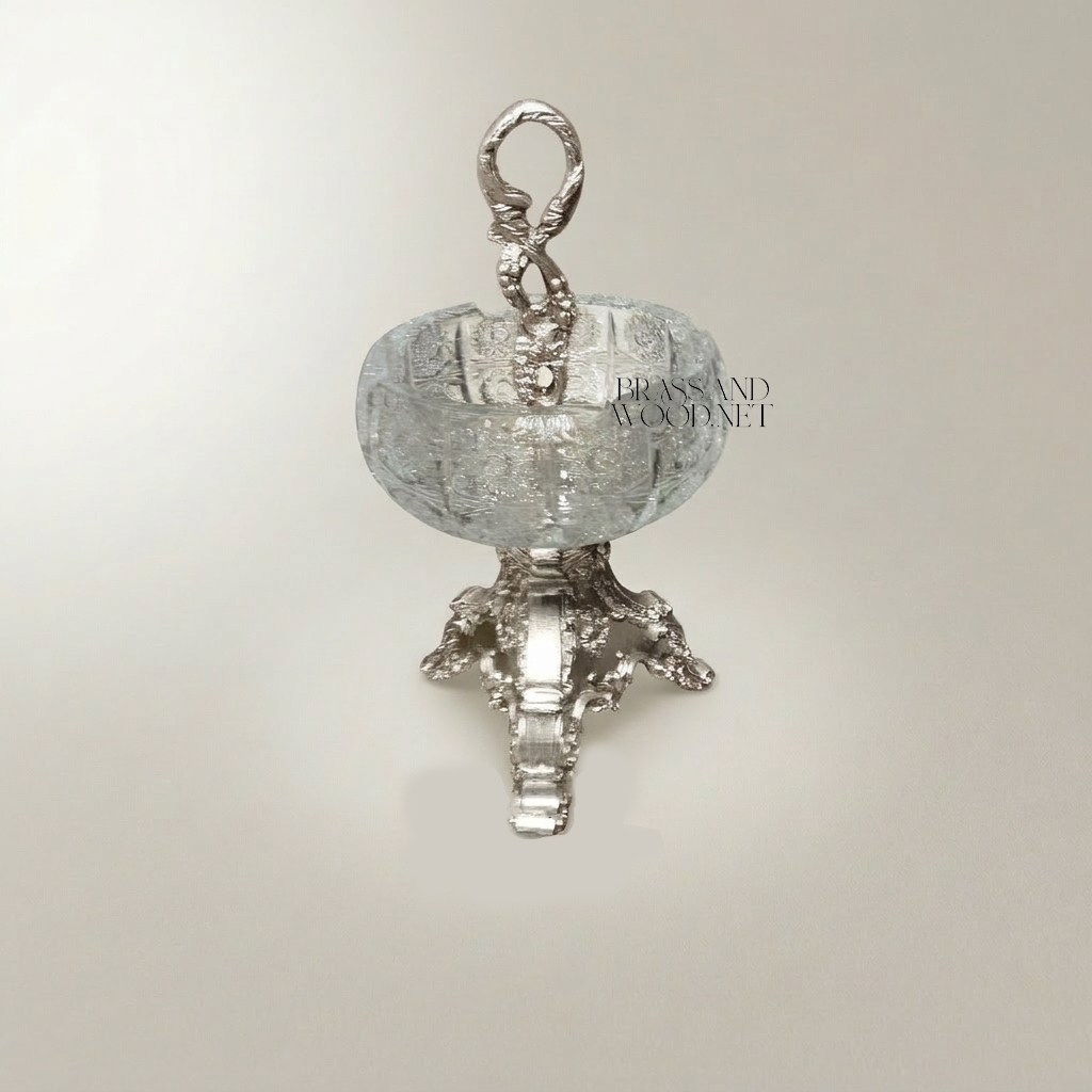 Baroque Brass & Crystal Ashtray with Trifoil Scrolled Stand and Swan-Neck Handle — Silver