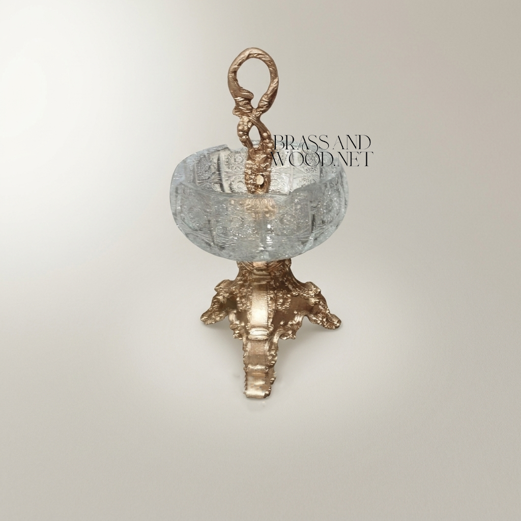 Baroque Brass & Crystal Ashtray with Trifoil Scrolled Stand and Swan-Neck Handle — Antique Gold