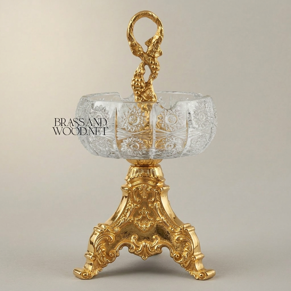 Baroque Brass & Crystal Ashtray with Trifoil Scrolled Stand and Swan-Neck Handle — Gold