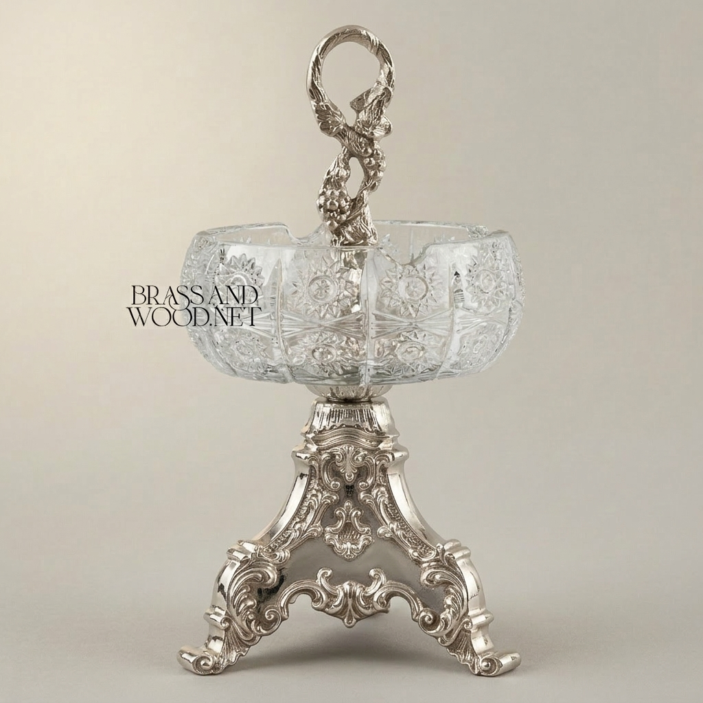 Baroque Brass & Crystal Ashtray with Trifoil Scrolled Stand and Swan-Neck Handle — Silver