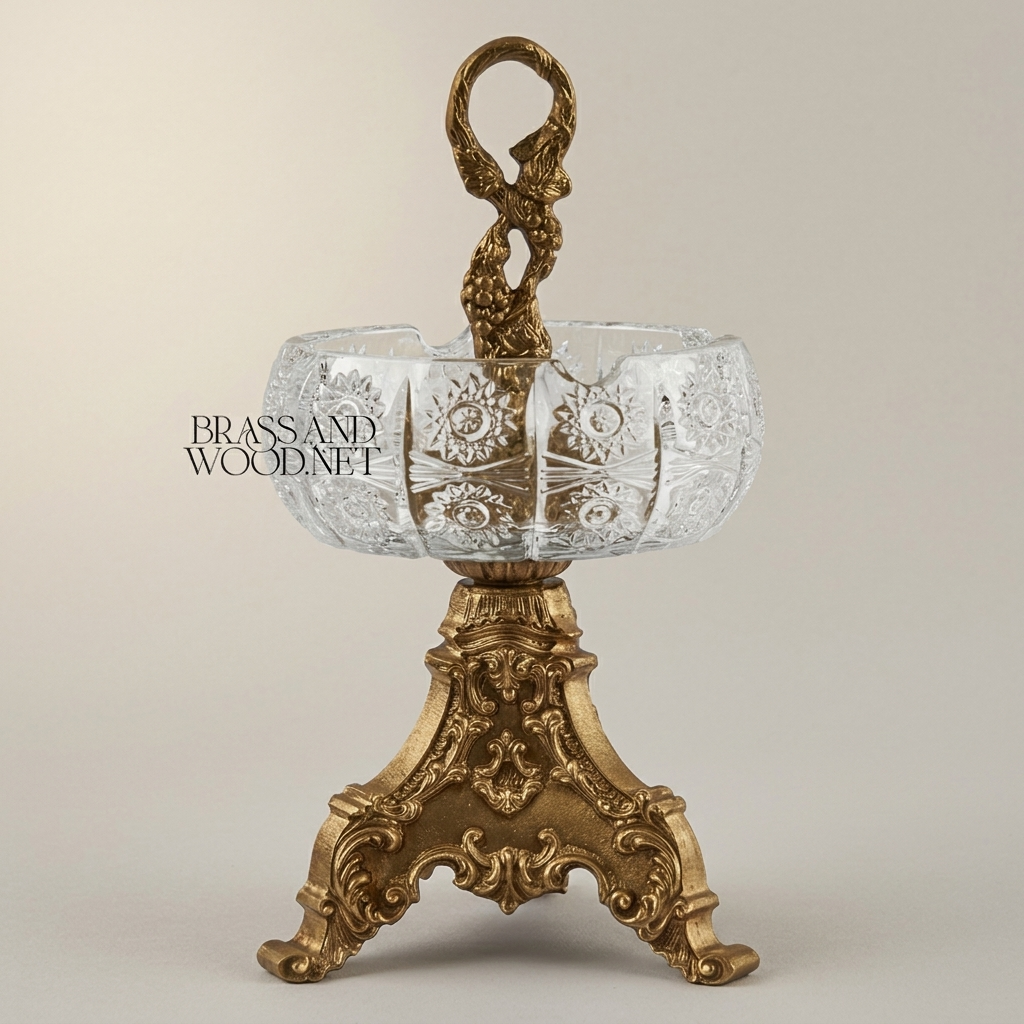 Baroque Brass & Crystal Ashtray with Trifoil Scrolled Stand and Swan-Neck Handle — Antique Gold