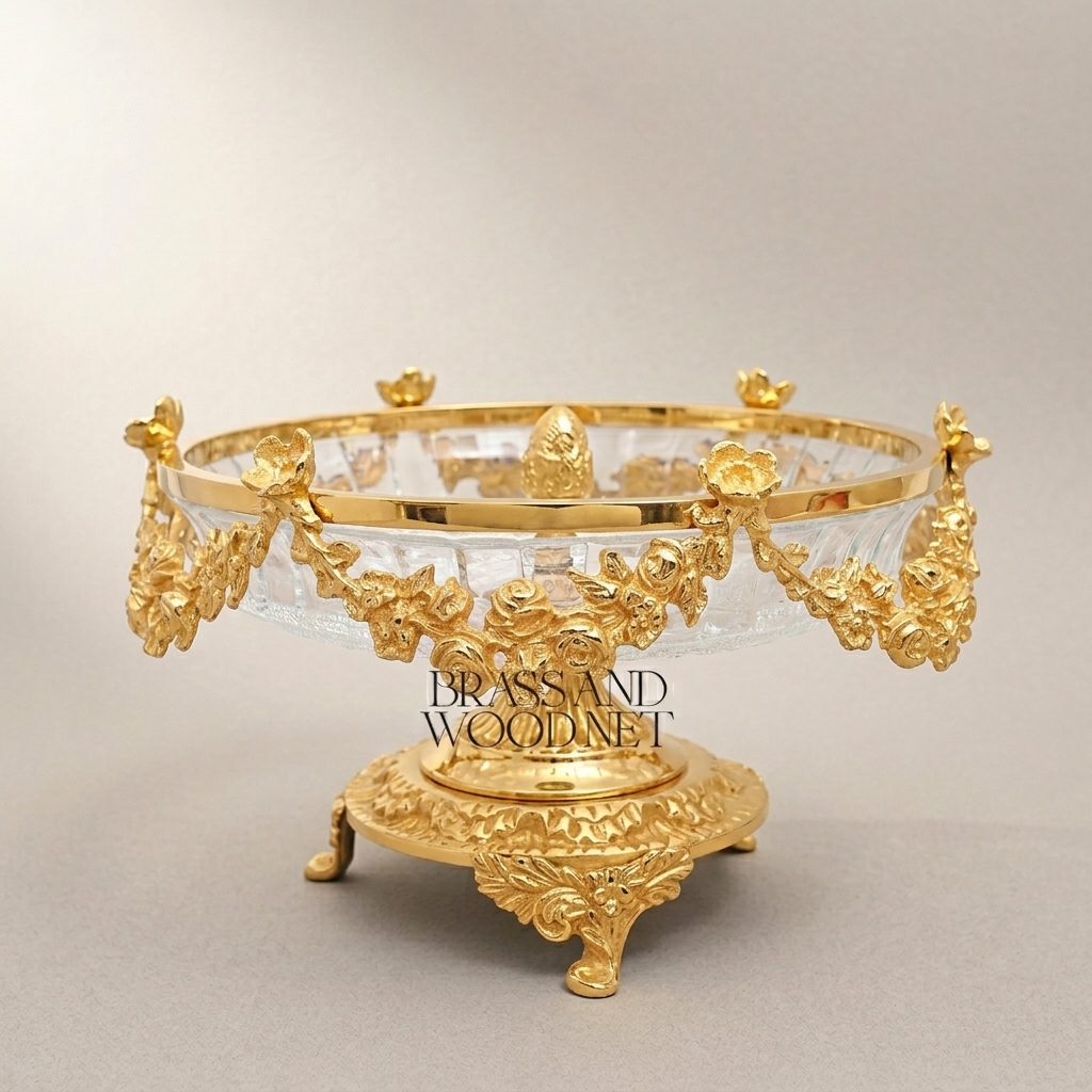 Baroque Brass & Crystal Bonbonniere with Floral Garland Pedestal