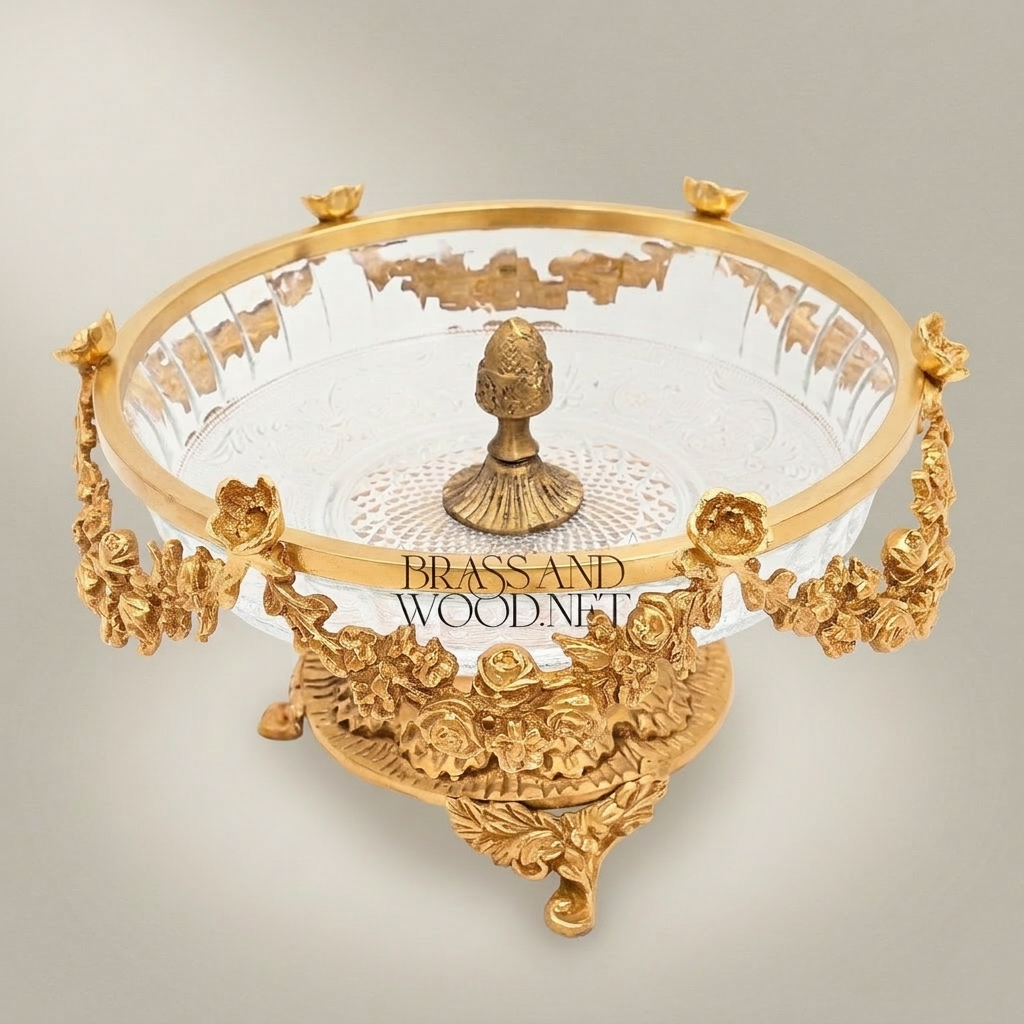 Baroque Brass & Crystal Bonbonniere with Floral Garland Pedestal