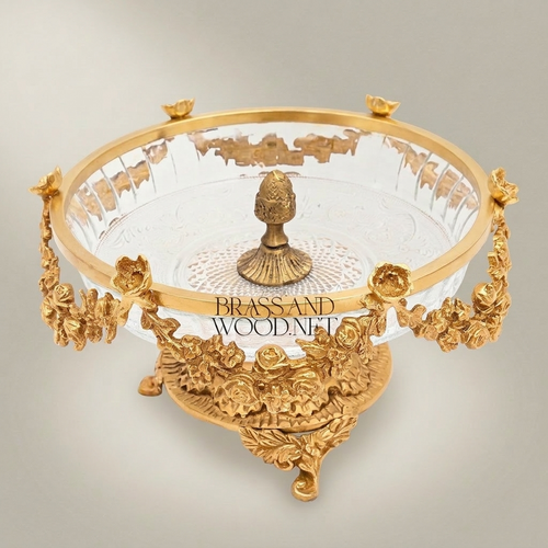 Baroque Brass & Crystal Bonbonniere with Floral Garland Pedestal