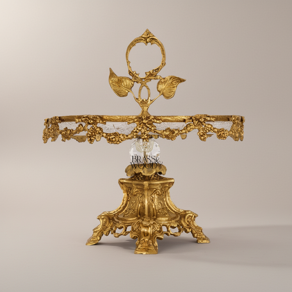 Baroque Brass & Crystal Cake Stand - Floral Garland Pedestal with Leaf Handle