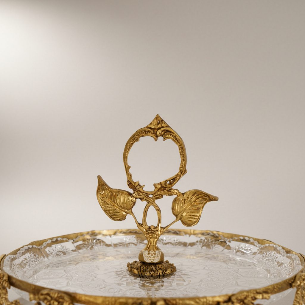 Baroque Brass & Crystal Cake Stand - Floral Garland Pedestal with Leaf Handle — Antique Gold