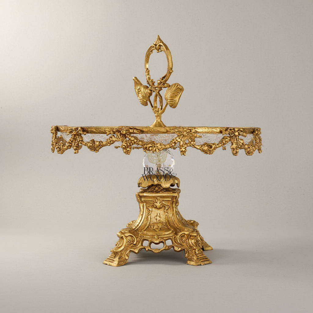 Baroque Brass & Crystal Cake Stand - Floral Garland Pedestal with Leaf Handle — Antique Gold