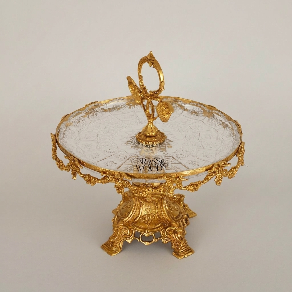 Baroque Brass & Crystal Cake Stand - Floral Garland Pedestal with Leaf Handle — Gold