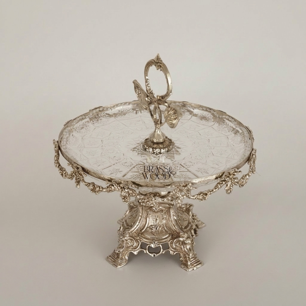 Baroque Brass & Crystal Cake Stand - Floral Garland Pedestal with Leaf Handle — Silver