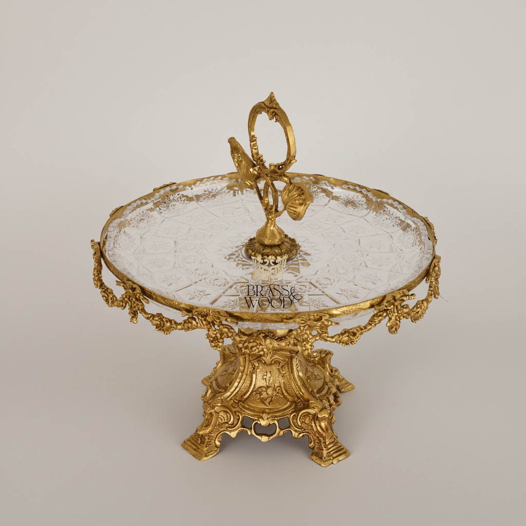 Baroque Brass & Crystal Cake Stand - Floral Garland Pedestal with Leaf Handle
