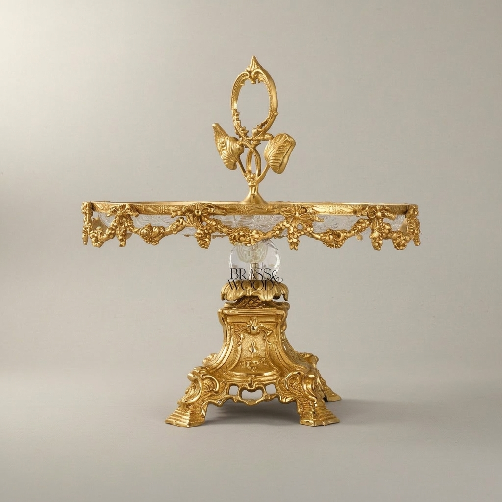 Baroque Brass & Crystal Cake Stand - Floral Garland Pedestal with Leaf Handle — Gold