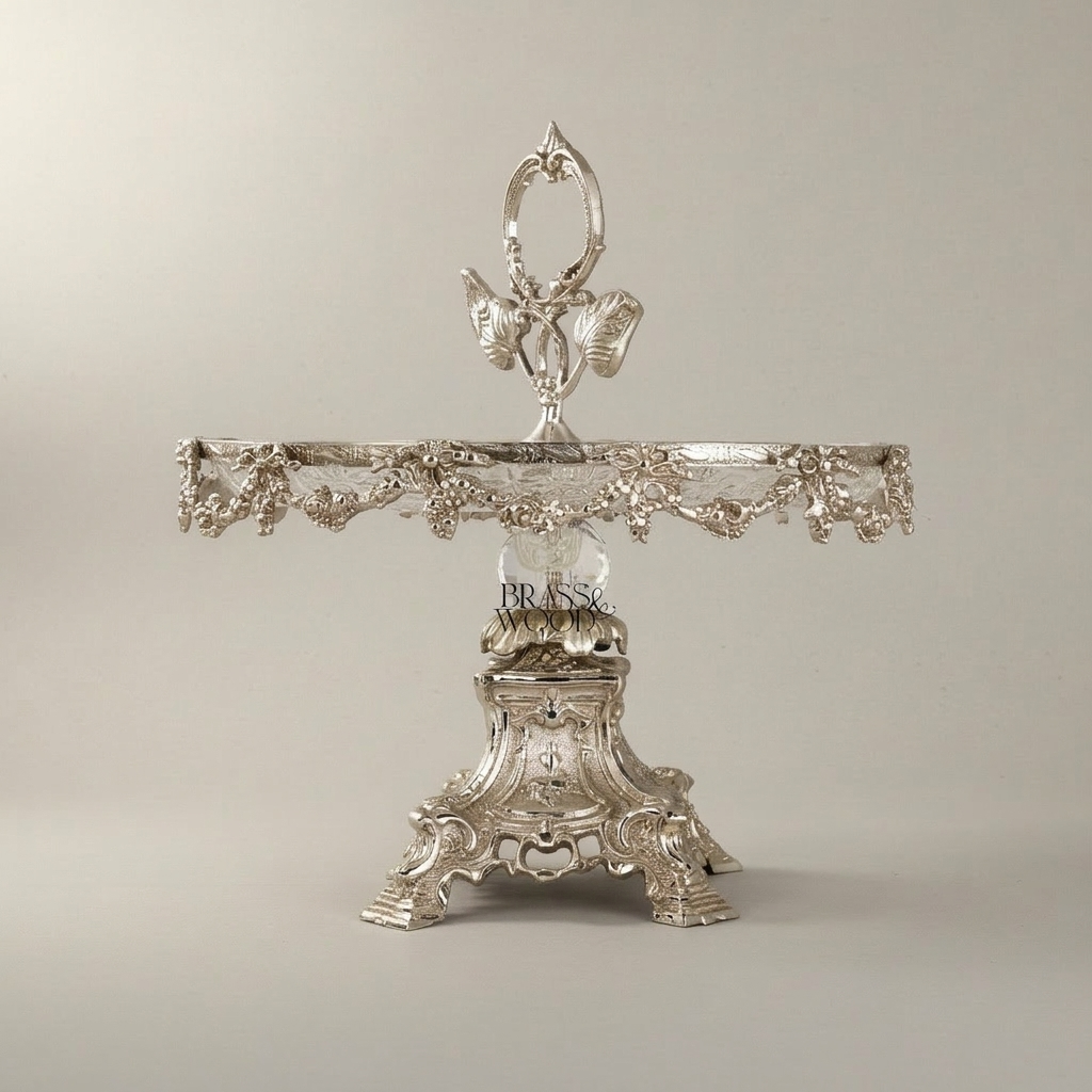 Baroque Brass & Crystal Cake Stand - Floral Garland Pedestal with Leaf Handle — Silver