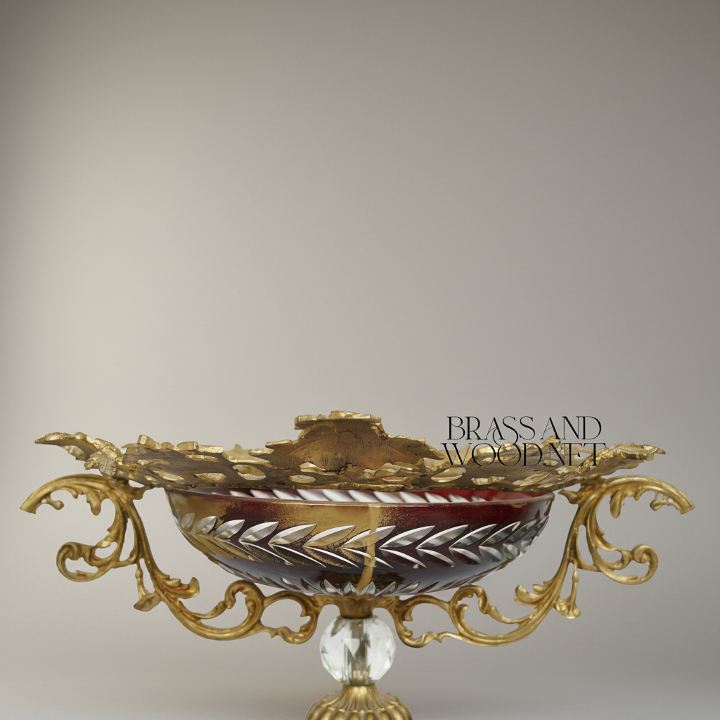 Baroque Brass & Crystal Compote Bowl - Ornate Scrollwork Rim with Ruby Glass