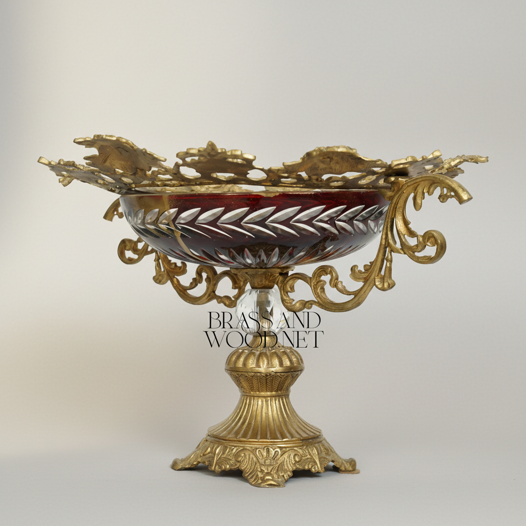Baroque Brass & Crystal Compote Bowl - Ornate Scrollwork Rim with Ruby Glass — Antique Gold