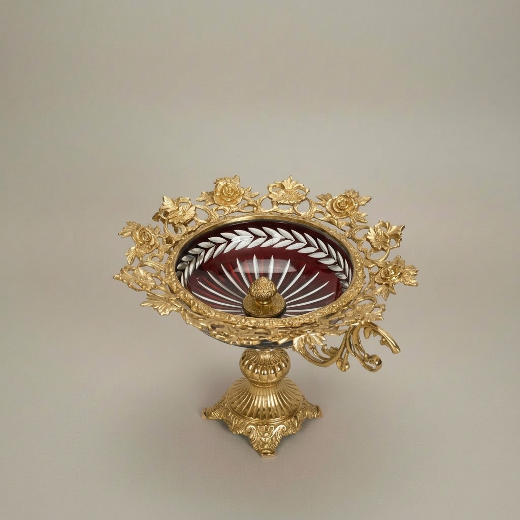Baroque Brass & Crystal Compote Bowl - Ornate Scrollwork Rim with Ruby Glass — Gold