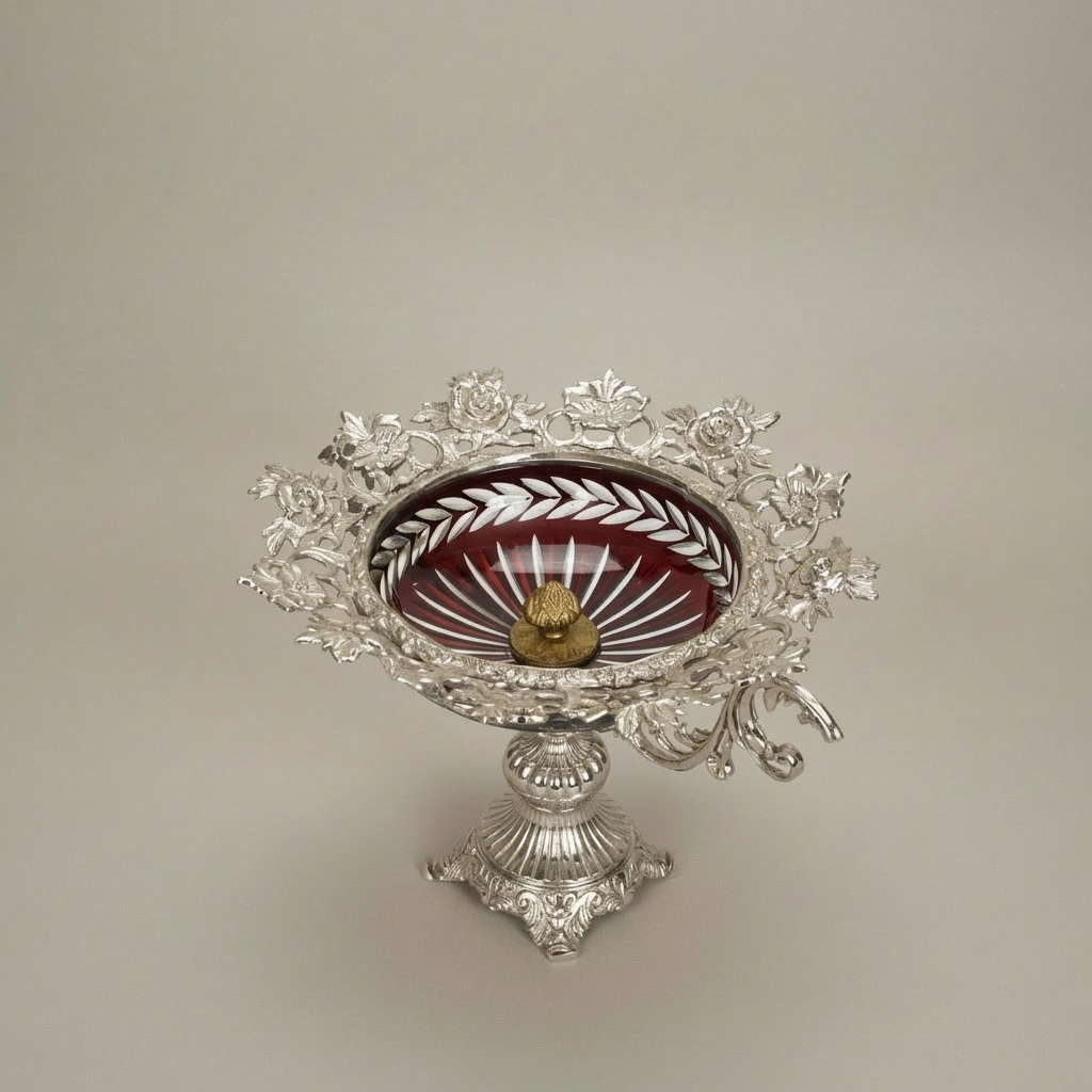 Baroque Brass & Crystal Compote Bowl - Ornate Scrollwork Rim with Ruby Glass — Silver