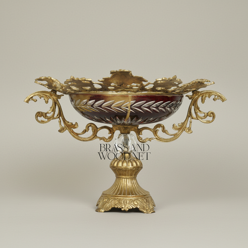 Baroque Brass & Crystal Compote Bowl - Ornate Scrollwork Rim with Ruby Glass