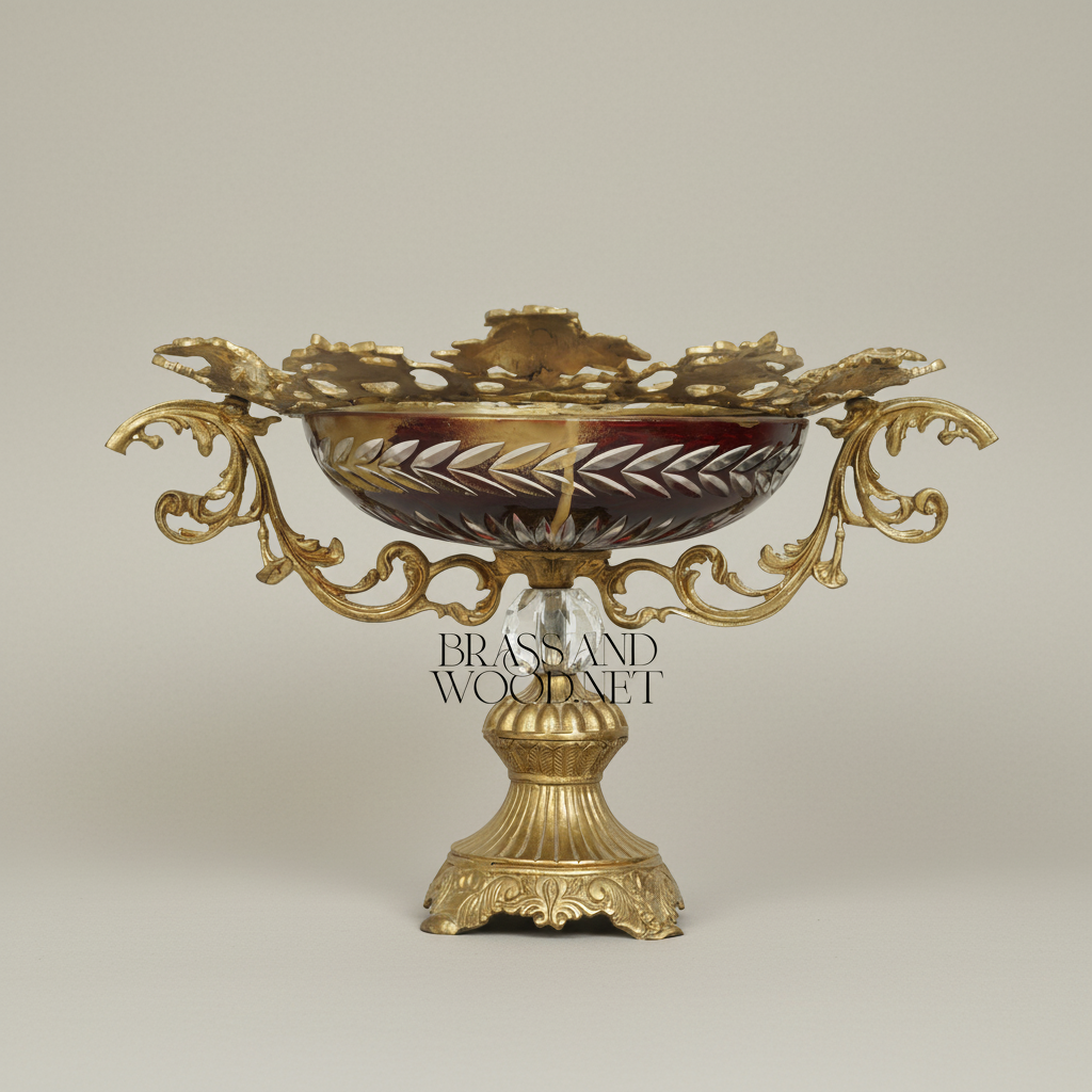 Baroque Brass & Crystal Compote Bowl - Ornate Scrollwork Rim with Ruby Glass — Antique Gold