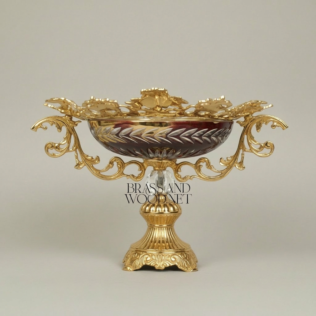 Baroque Brass & Crystal Compote Bowl - Ornate Scrollwork Rim with Ruby Glass — Gold