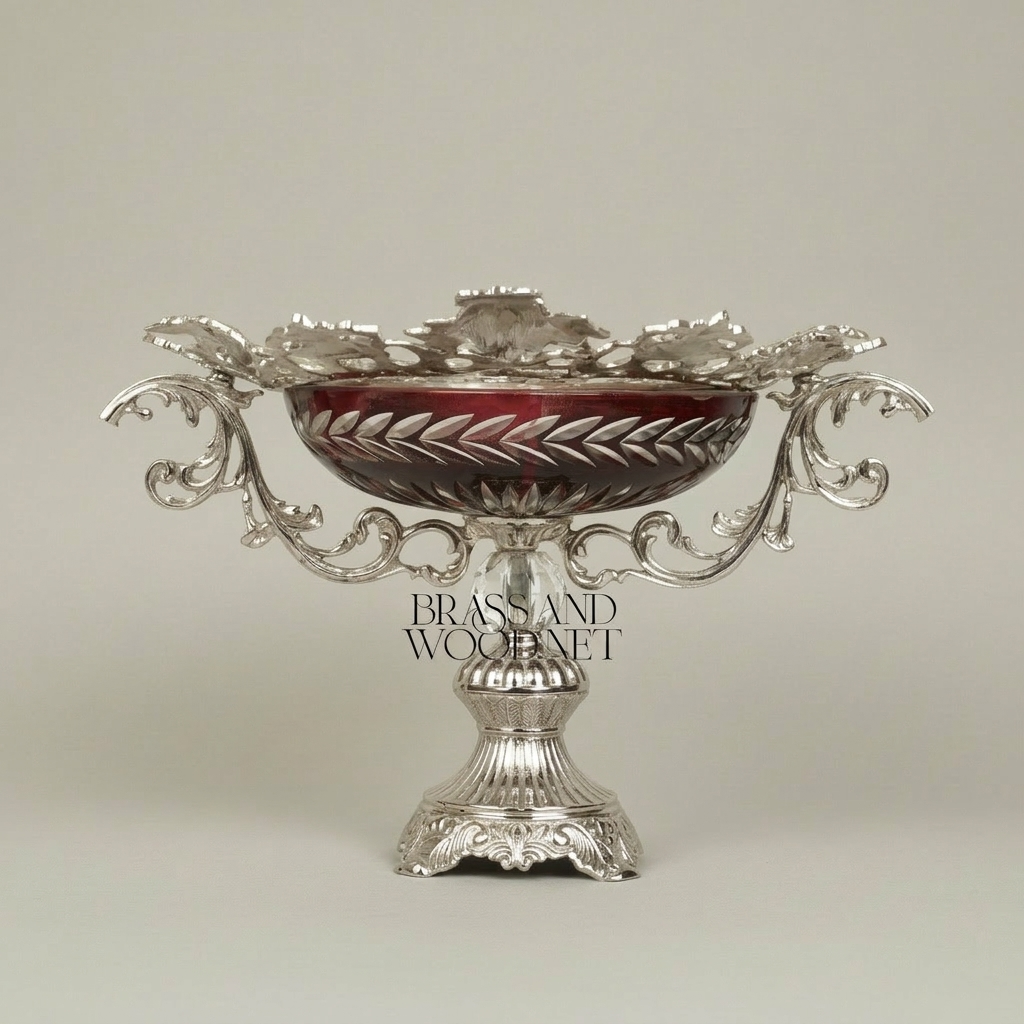 Baroque Brass & Crystal Compote Bowl - Ornate Scrollwork Rim with Ruby Glass — Silver
