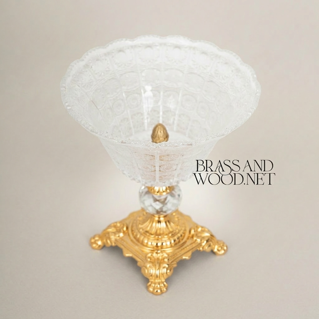 Baroque Brass & Crystal Compote Vase - Acanthus-Carved Footed Pedestal