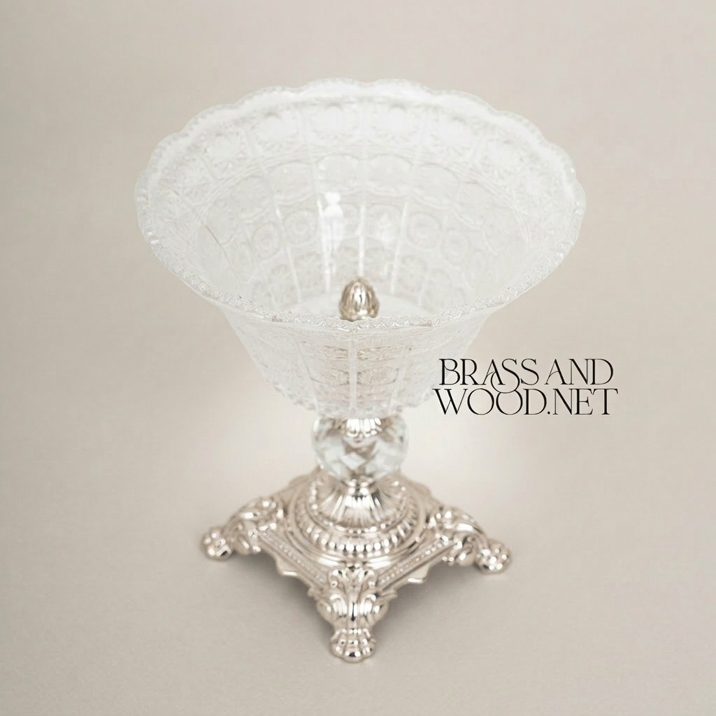 Baroque Brass & Crystal Compote Vase - Acanthus-Carved Footed Pedestal — Silver