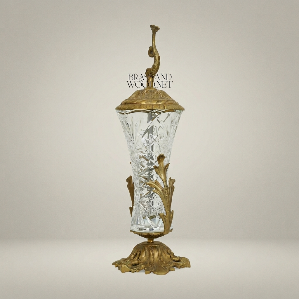 Baroque Brass & Crystal Covered Goblet Vase with Dolphin Finial and Acanthus Base — Antique Gold