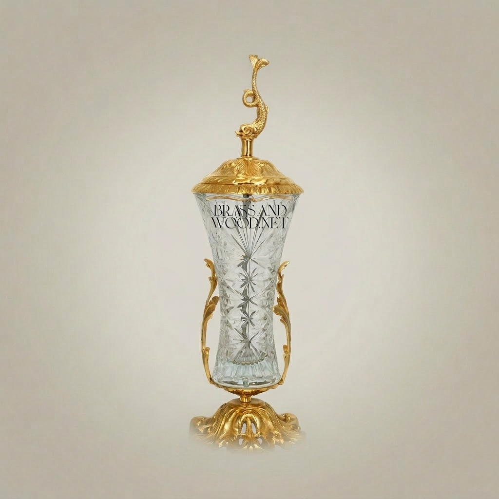 Baroque Brass & Crystal Covered Goblet Vase with Dolphin Finial and Acanthus Base — Gold