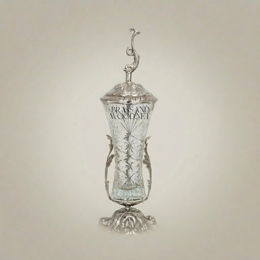 Baroque Brass & Crystal Covered Goblet Vase with Dolphin Finial and Acanthus Base — Silver