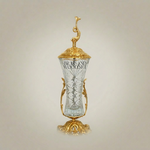Baroque Brass & Crystal Covered Goblet Vase with Dolphin Finial and Acanthus Base
