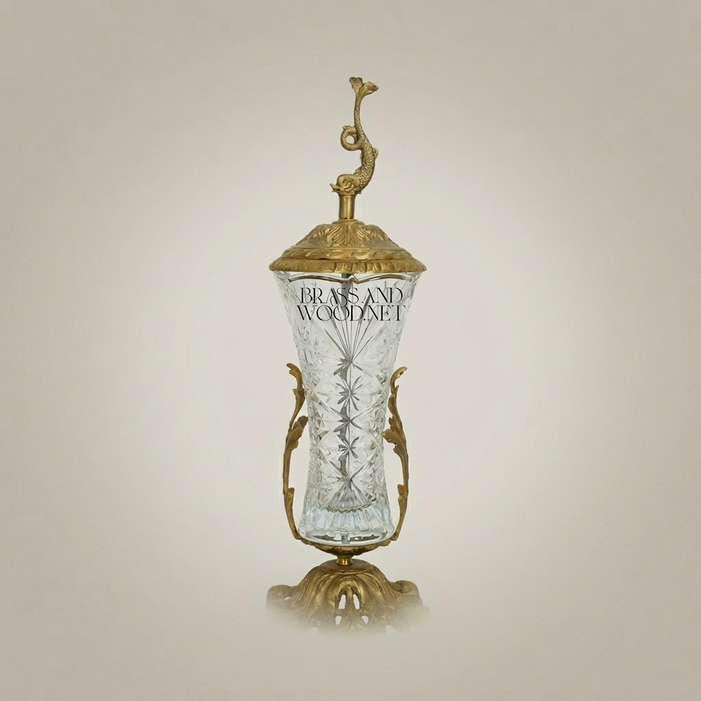 Baroque Brass & Crystal Covered Goblet Vase with Dolphin Finial and Acanthus Base — Antique Gold
