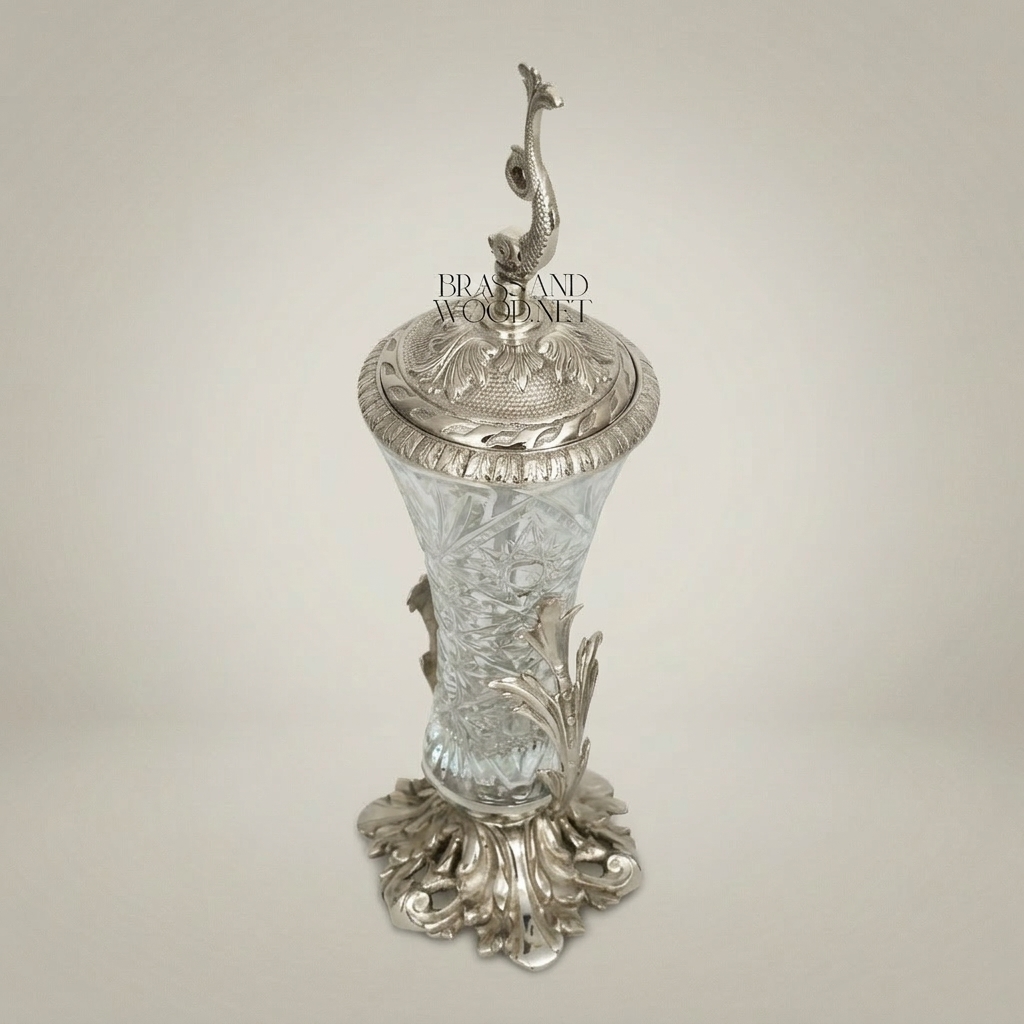 Baroque Brass & Crystal Covered Goblet Vase with Dolphin Finial and Acanthus Base — Silver
