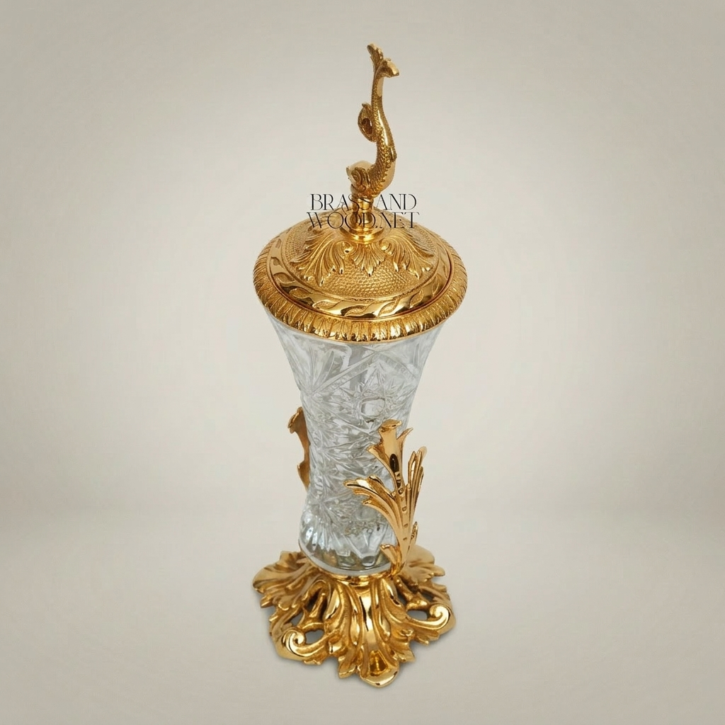 Baroque Brass & Crystal Covered Goblet Vase with Dolphin Finial and Acanthus Base