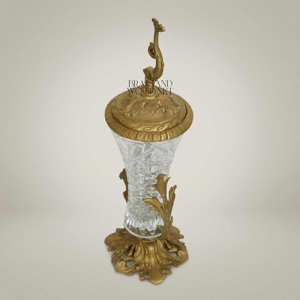 Baroque Brass & Crystal Covered Goblet Vase with Dolphin Finial and Acanthus Base — Antique Gold