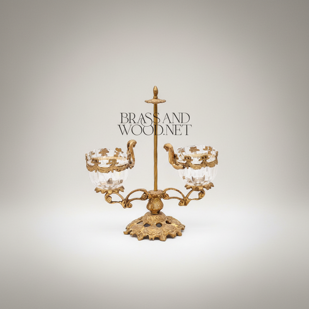 Baroque Brass & Crystal Double-Cup Bonbonniere with Ornate Finial Stand — Antique Gold