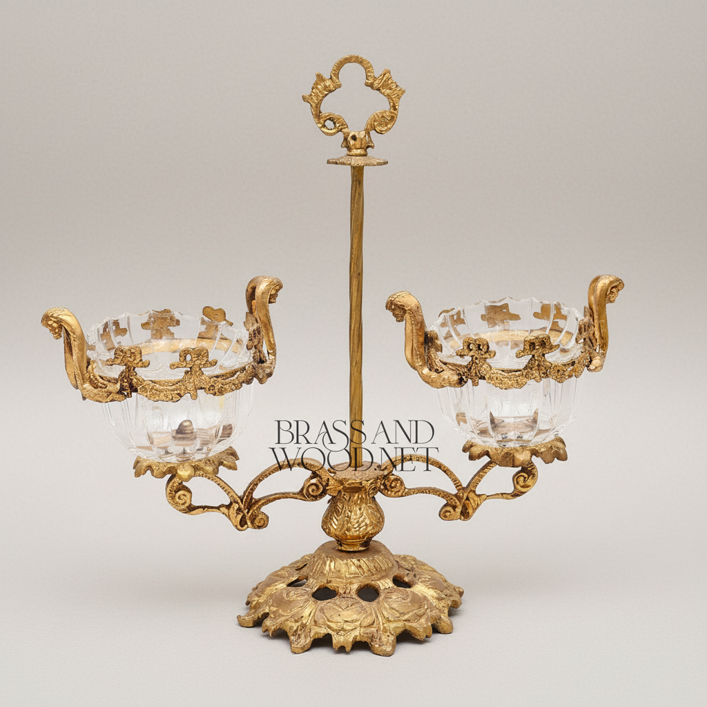 Baroque Brass & Crystal Double-Cup Bonbonniere with Ornate Finial Stand