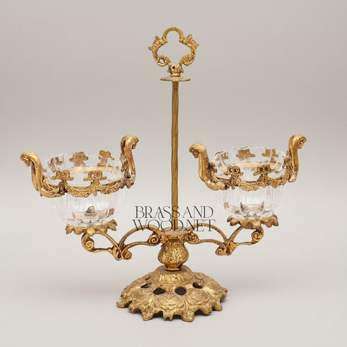 Baroque Brass & Crystal Double-Cup Bonbonniere with Ornate Finial Stand