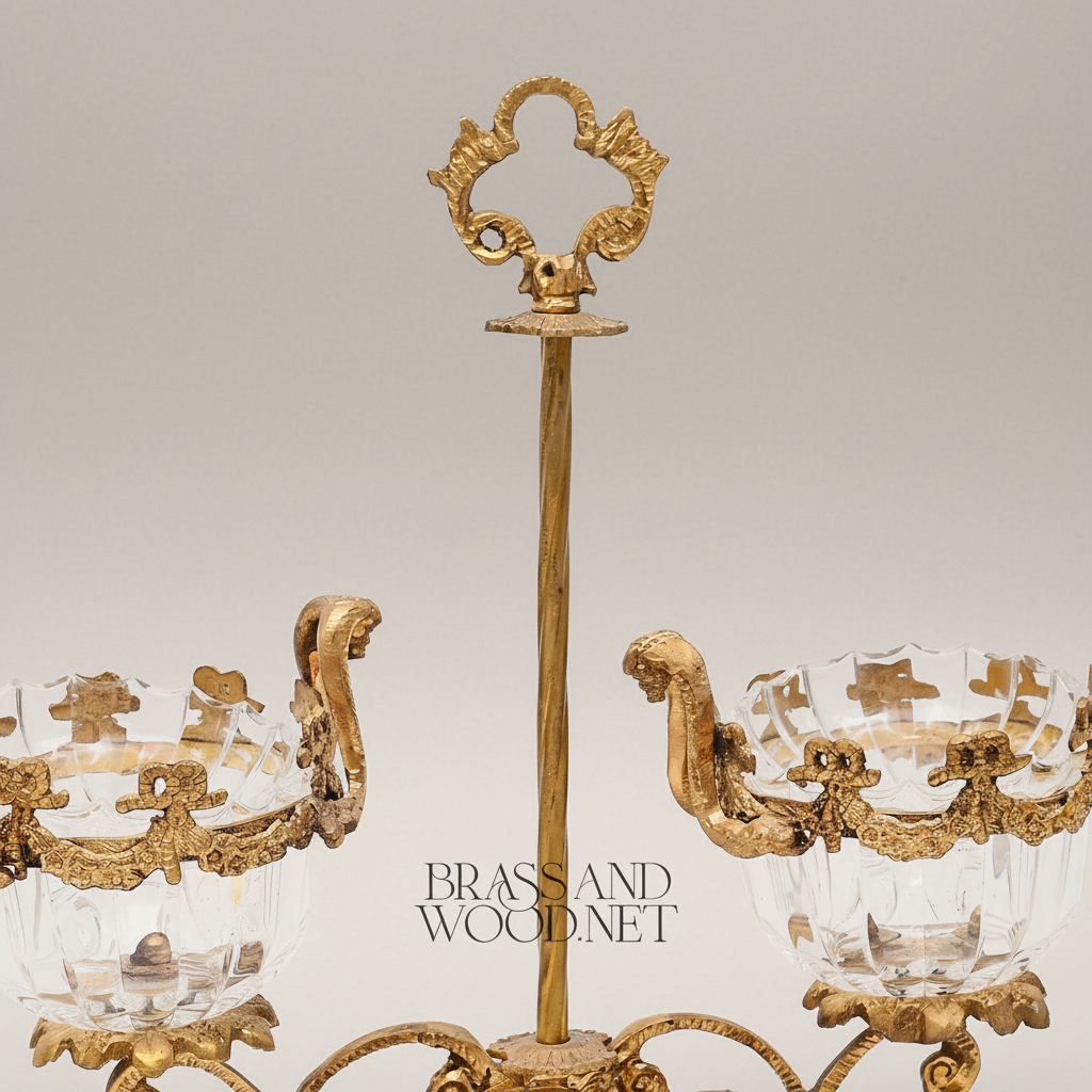 Baroque Brass & Crystal Double-Cup Bonbonniere with Ornate Finial Stand