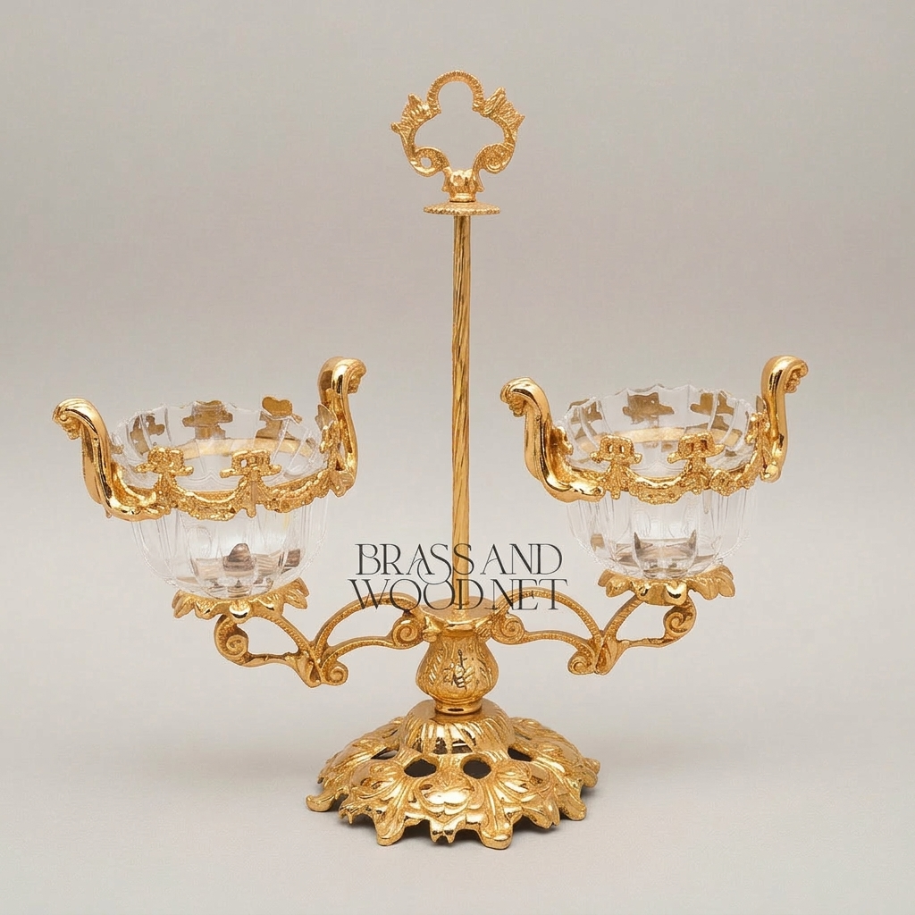 Baroque Brass & Crystal Double-Cup Bonbonniere with Ornate Finial Stand — Gold