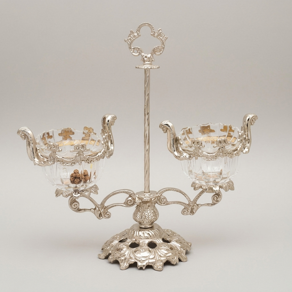 Baroque Brass & Crystal Double-Cup Bonbonniere with Ornate Finial Stand — Silver