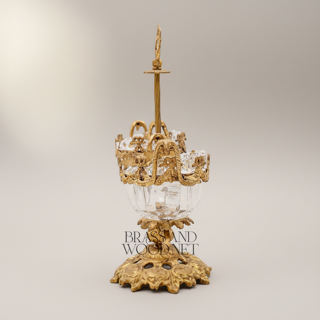 Baroque Brass & Crystal Double-Cup Bonbonniere with Ornate Finial Stand — Antique Gold