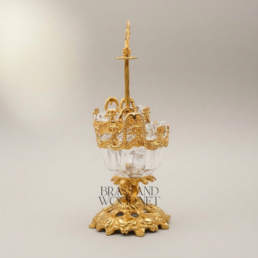 Baroque Brass & Crystal Double-Cup Bonbonniere with Ornate Finial Stand — Gold