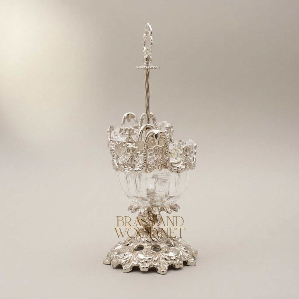 Baroque Brass & Crystal Double-Cup Bonbonniere with Ornate Finial Stand — Silver